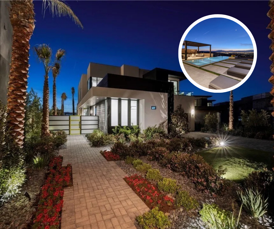 The exterior of the modern multi-million dollar Henderson, Nevada home on a golf course.