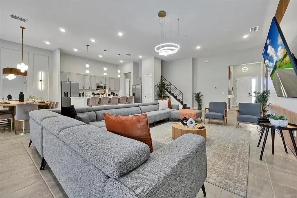 The massive main living area, dining room and kitchen of the vacation rental. This large room can fit quite a bit of people at once. 