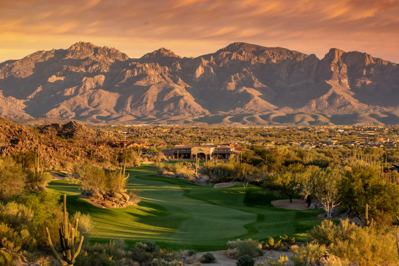The 18th hole and clubhouse of the Stone Canyon Club in Oro Valley, Arizona