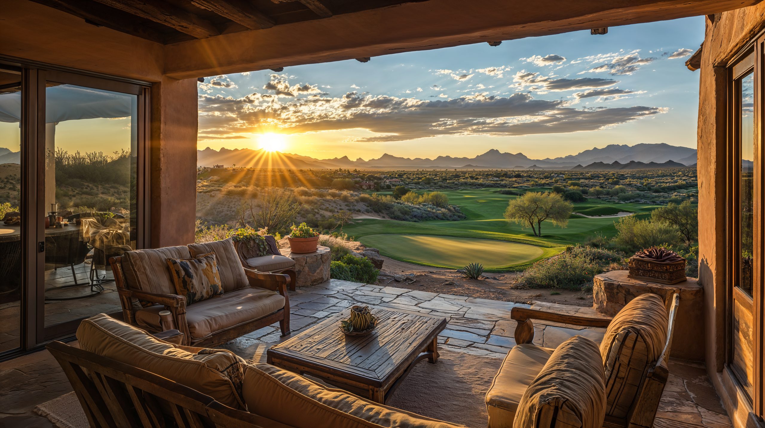 Southwestern desert home patio overlooking a golf course at sunset
